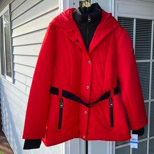 Michael Kors Belt Jacket XL Red Signature MK Logo Winter Coat Size X-Large